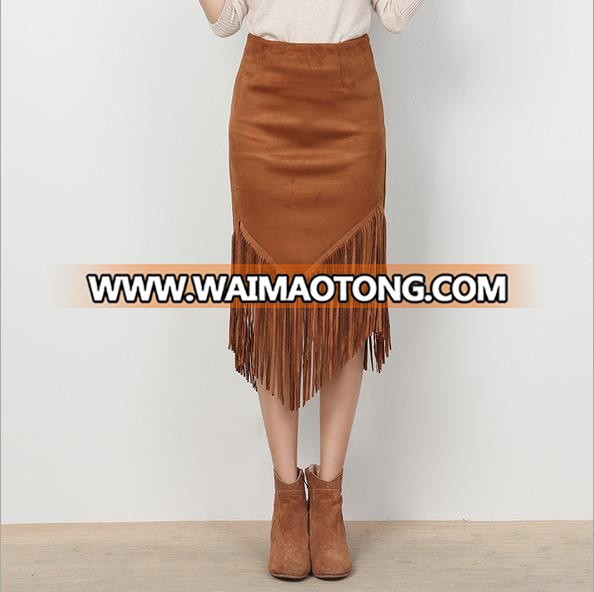 2015 European Newest Fashion Autumn Winter Faux Suede Tassel Lady Long Skirt for Wholesale